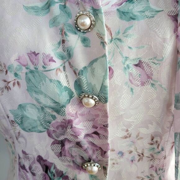 VTG rare deadstock 80s floral blouse puff sleeve attached scarf regency cottage - Picture 3 of 14